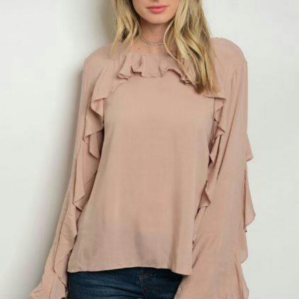Long sleeve ruffle top in taupe